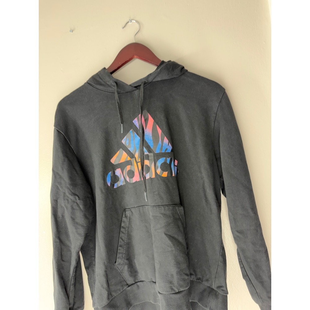 Adidas Mens Black Hoodie Multi Color Zebra Print Graphic Logo Sweatshirt Size M